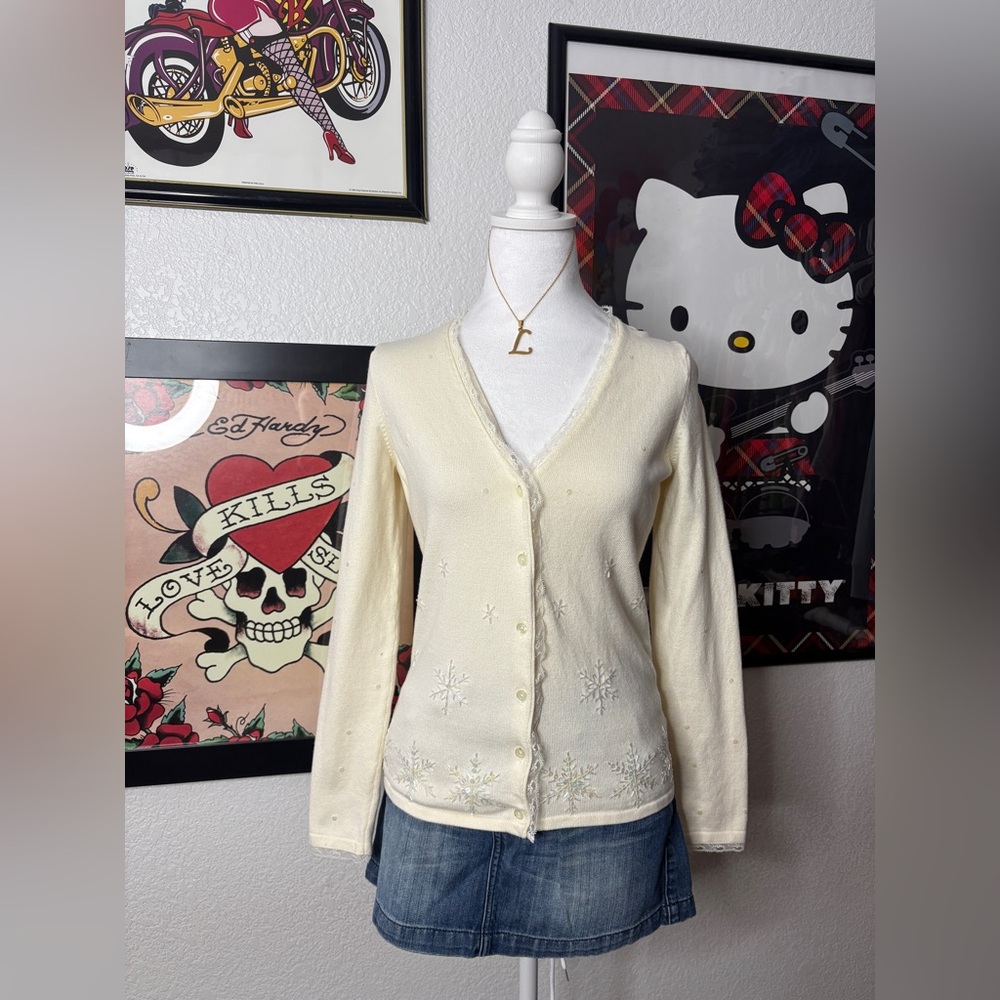 Liz Claiborne Cream Lace Trim Beaded Snowflake Cardigan Holiday Winter Festive